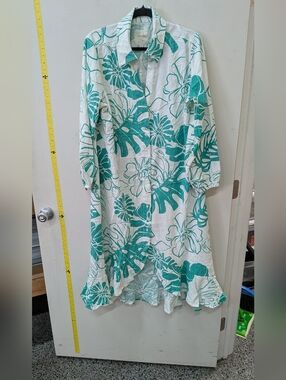 Linen Flowers And Leaves Tropical Print Dress